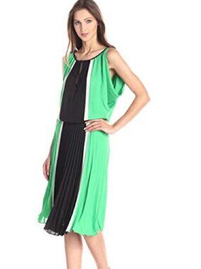 BCBGMaxAzria Pleated Dress Green Black Colorblock Sleeveless Elastic Waist S M L